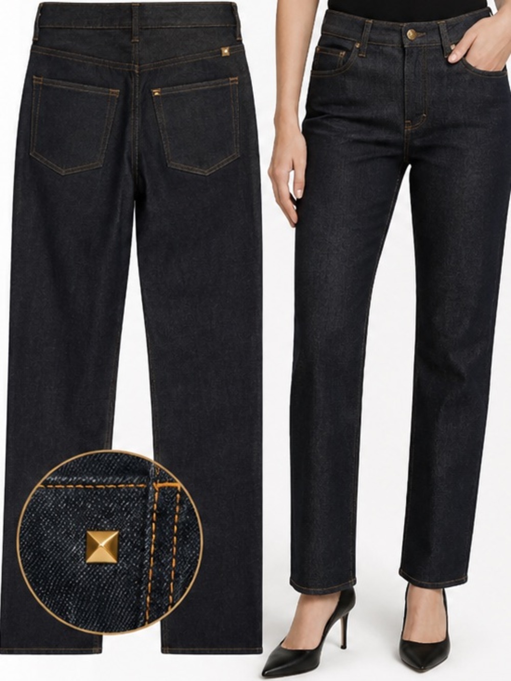 Valentino Gold Pyramid Rockstud Trim Straight Leg Dark Denim Jean $1250